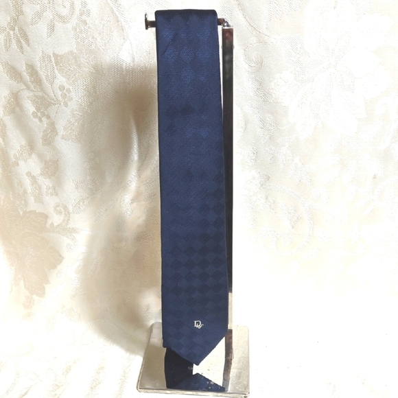 Christian Dior Vintage Navy Blue Logo Diamond Pattern Tie - Picture 1 of 6